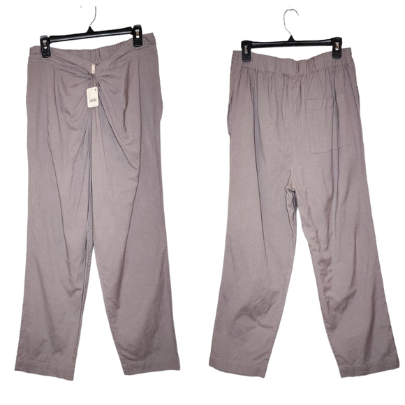 NWT Free People Grey Linen Cotton Gathered Tie Front Pants. Size Medium - Picture 1 of 14